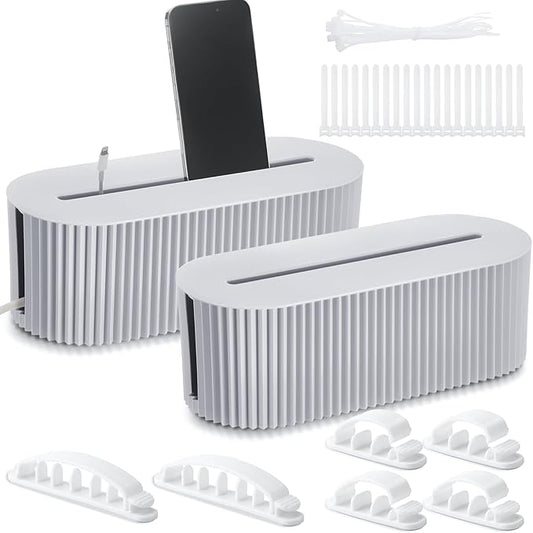 Marsui 2 Pcs Cable Management Box Cord Hider Organizer with 46 Pcs Cable Management Kit Wire Box for Power Strips Surge Protectors Desk TV Computer Wires Home Office(Gray)