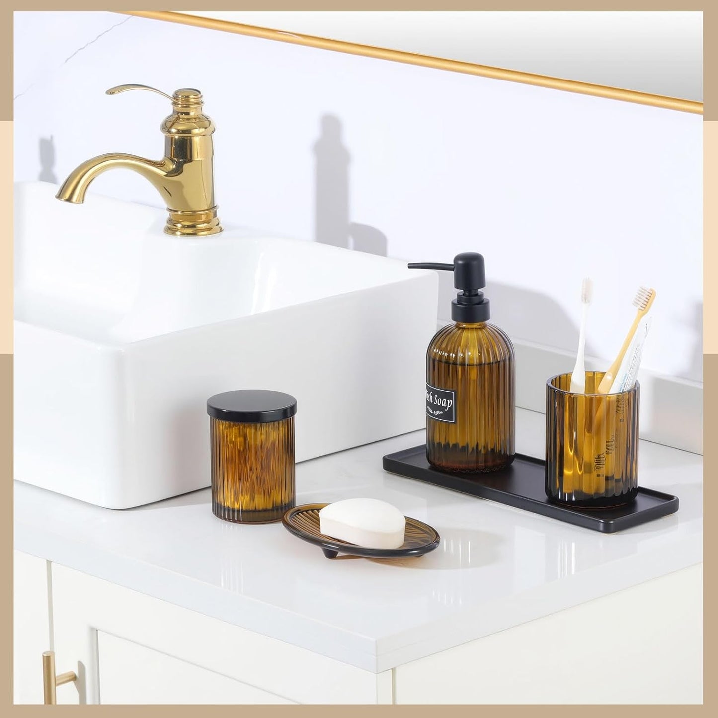 Shinowa Bathroom Accessories Set, 5 Pcs Clear Glass Bathroom Accessory Sets Complete with Soap Dispenser, Toothbrush Holder, Q-Tips Holder, Soap Dish, Ceramic Tray, Vanity Organizer, Brown + Black