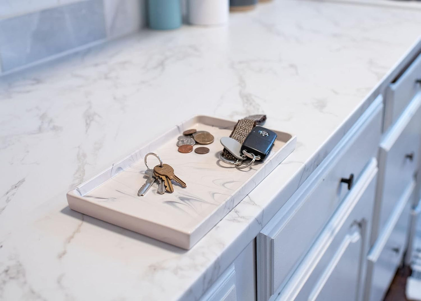 NAT & Jules 10 x 6 Ceramic Stoneware Vanity Tray - Perfect Bathroom or Kitchen Counter Organization Décor: Sponge Holder, Soap Dish, Jewelry and Perfume Tray, Marbled Cream