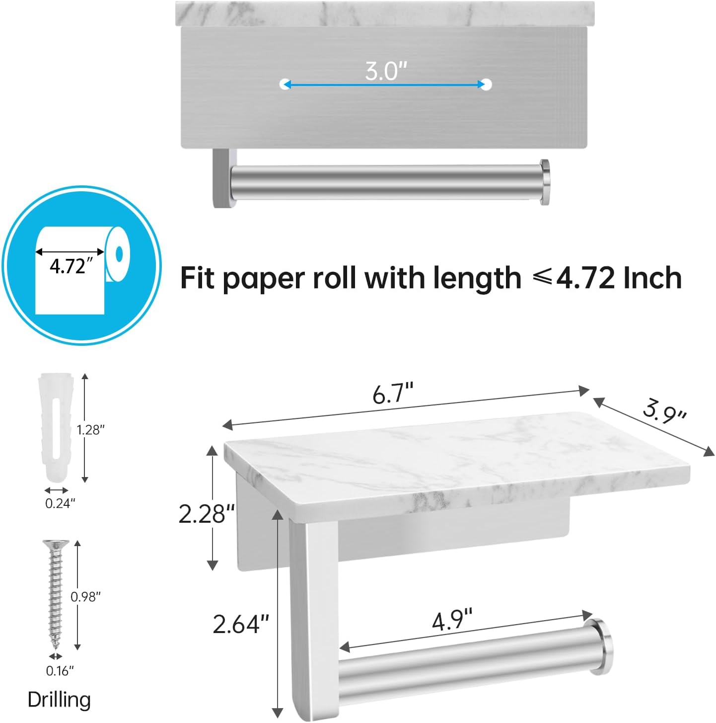Toilet Paper Holder with Marble Shelf, SUS304 Stainless Steel Wall Mounted Toilet Paper Holder and 2 PCS Free Adhesive Hooks for Bathroom Washroom