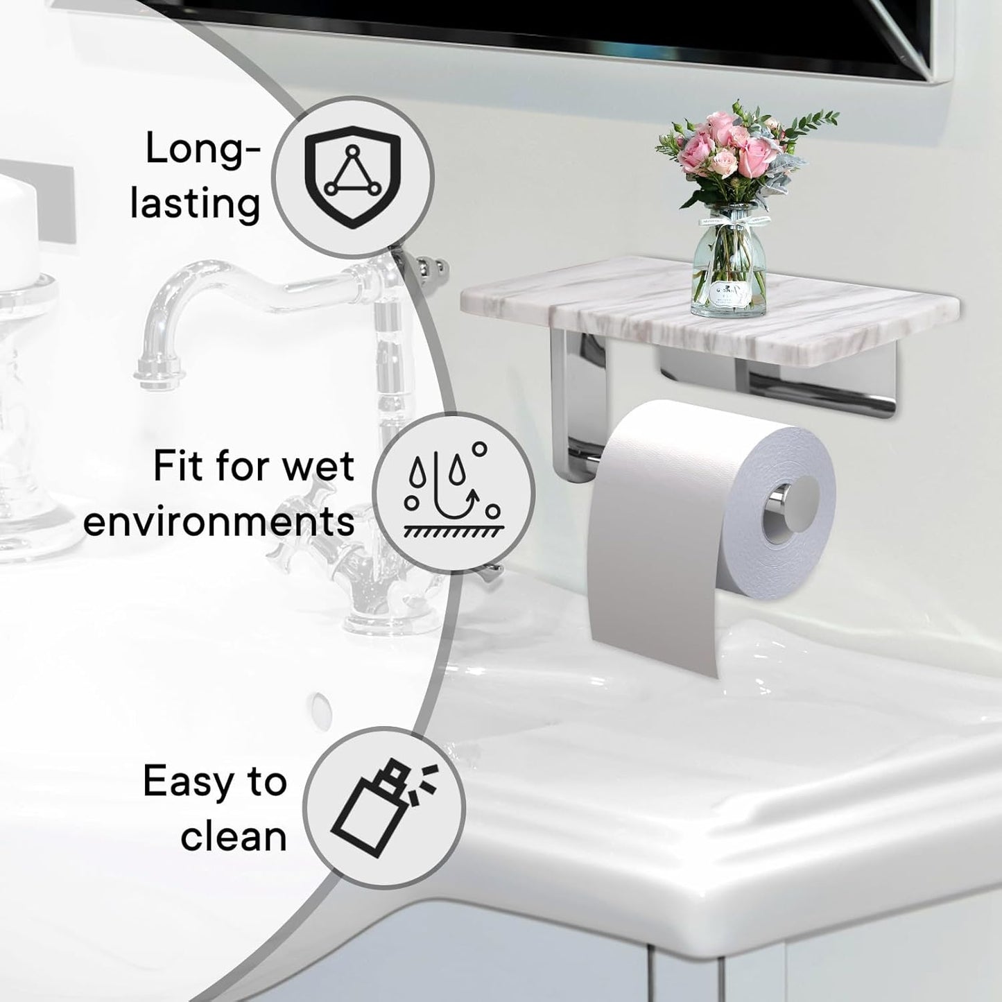 Toilet Paper Holder with Natural Marble Shelf for Bathroom Washroom,Wall Mounted Tissue Holder Suitable for Mega Roll (Brushed Nickel, Middle 7.87 * 4.72 in)