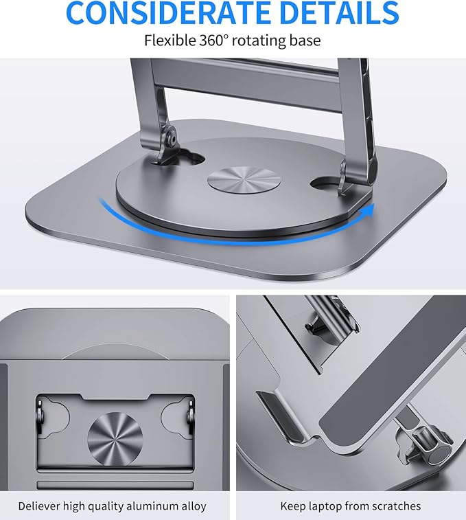 Adjustable Laptop Stand with 360 Rotating Base, Stable Computer Stand for Laptop Ergonimic Foldable Laptop Riser for Desk Compatible with MacBook Pro/Air Notebook up to 16 Inches, Grey