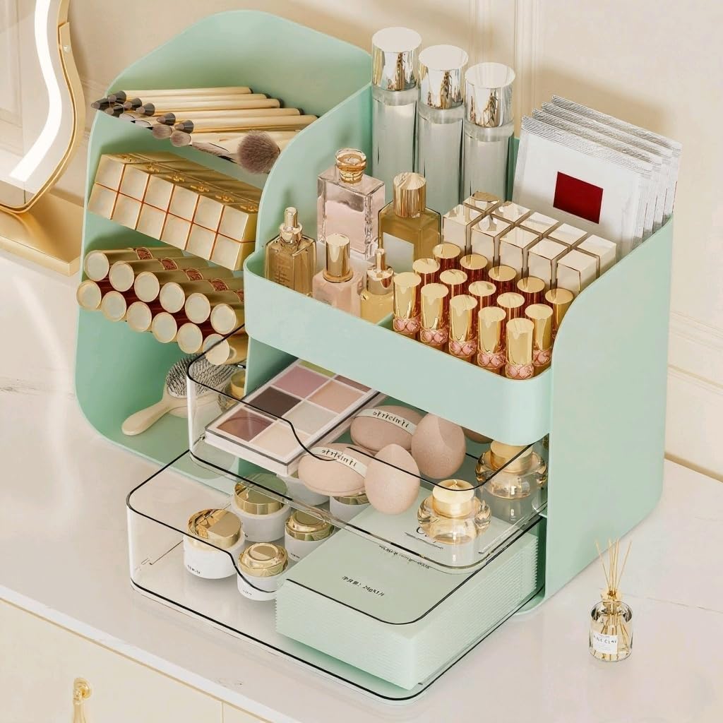 Makeup Organizer with 2 M Drawers & Brush Holders - Cosmetic Storage Case for Vanity, Bathroom Countertop & Desk - Skincare & Office Supplies Organizer (Green, M)
