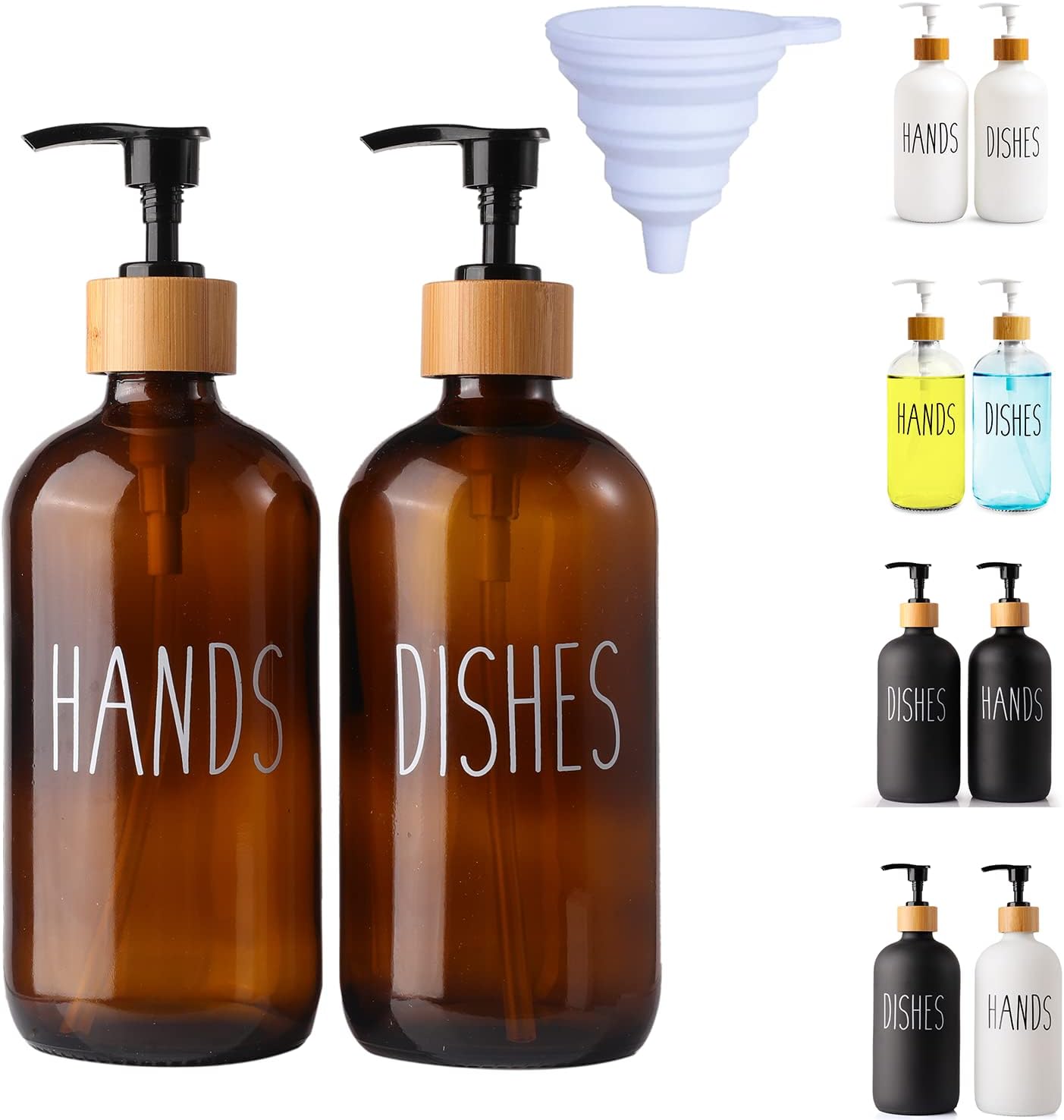 2 Pack Amber Glass Soap Dispenser with Plastic Pump, Brown Dish and Hand Soap Dispenser Set, Refillable Reusable Apothecary Soap Pump Dispenser Bottles for Bathroom and Kitchen