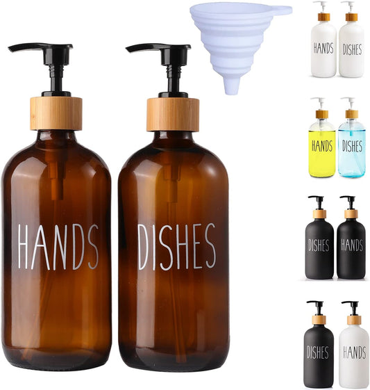 2 Pack Amber Glass Soap Dispenser with Plastic Pump, Brown Dish and Hand Soap Dispenser Set, Refillable Reusable Apothecary Soap Pump Dispenser Bottles for Bathroom and Kitchen