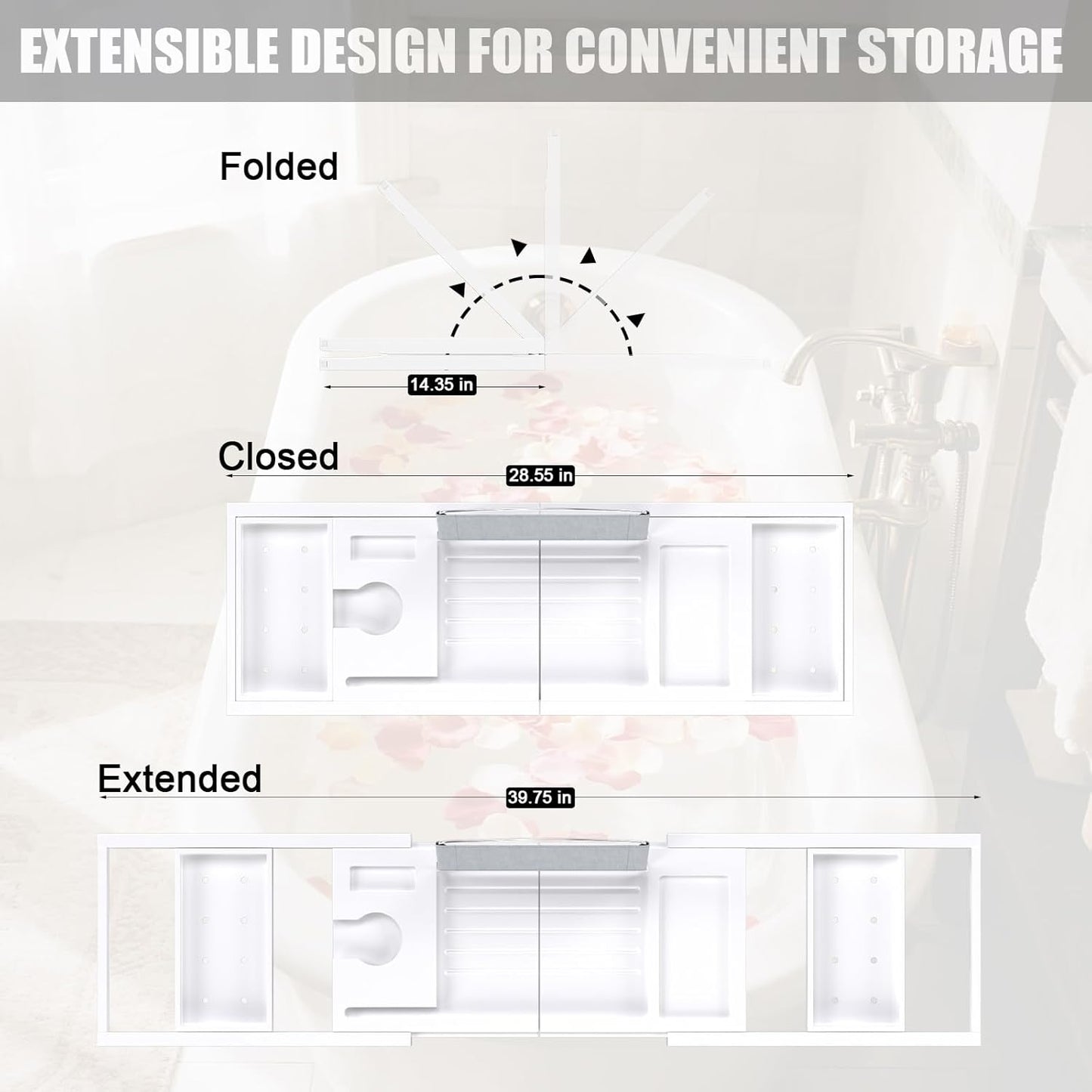 Bathtub Tray Caddy, Expandable Bath Trays for Tub, Bamboo Shelf & Table with Wine Glass Holder,Bathroom Accessories for New Home & Mothers Day & Birthday Gifts for Mom,White