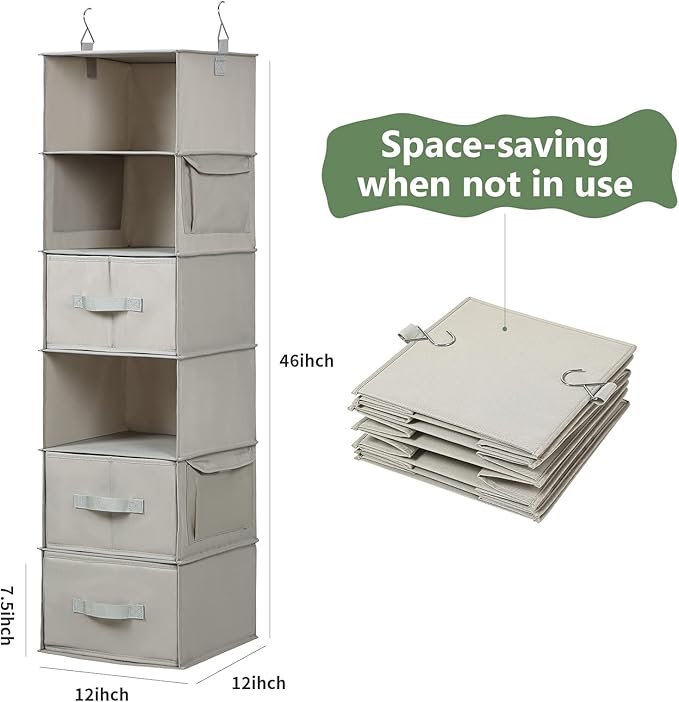 Vailando 6-Shelf Hanging Closet Organizer, Hanging Shelves for Closet with 2 Large Drawer&1 Drawer w/Compartment, 12'' x 12'' x 48.8'', Baby Organizer for Nursery…