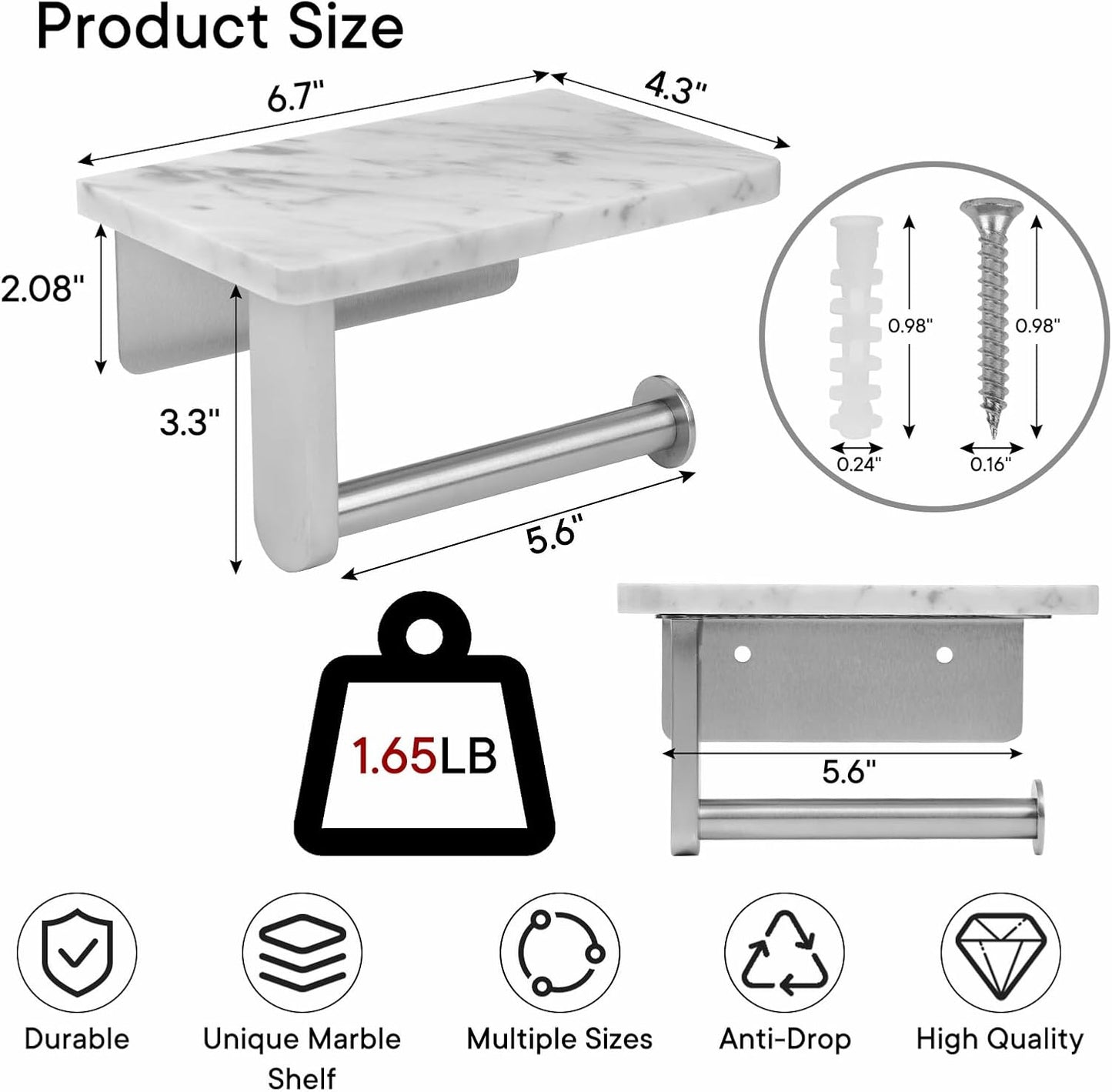 Toilet Paper Holder with Natural Marble Shelf for Bathroom Washroom,Wall Mounted Tissue Holder Suitable for Mega Roll (Brushed Nickel,Small 6.7 * 4.3 in)