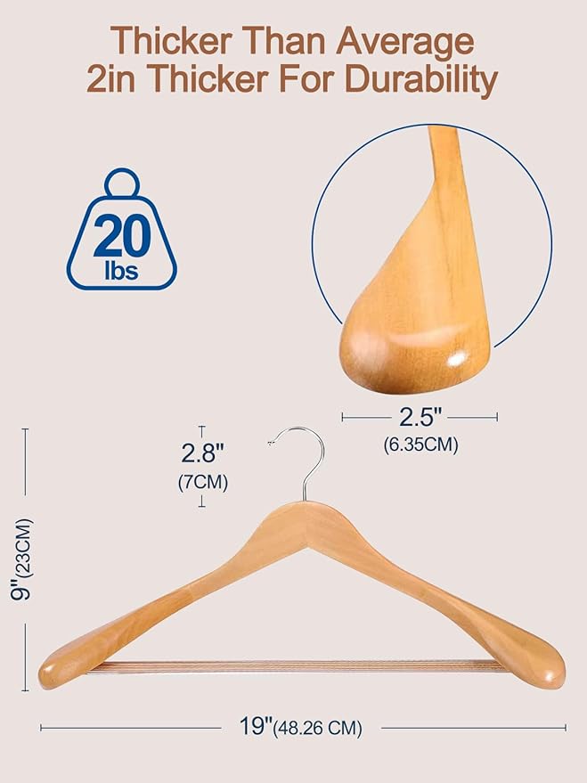 HOUSE DAY 19'' Extra Wide Shoulder Wooden Hangers 6 Pack, Premium Large Wood Suit Hangers With Non Slip Pant Holder, Wide Shoulder Hangers for Suits, Coats, Jackets, Heavy Wide Clothes Hanger, Natural