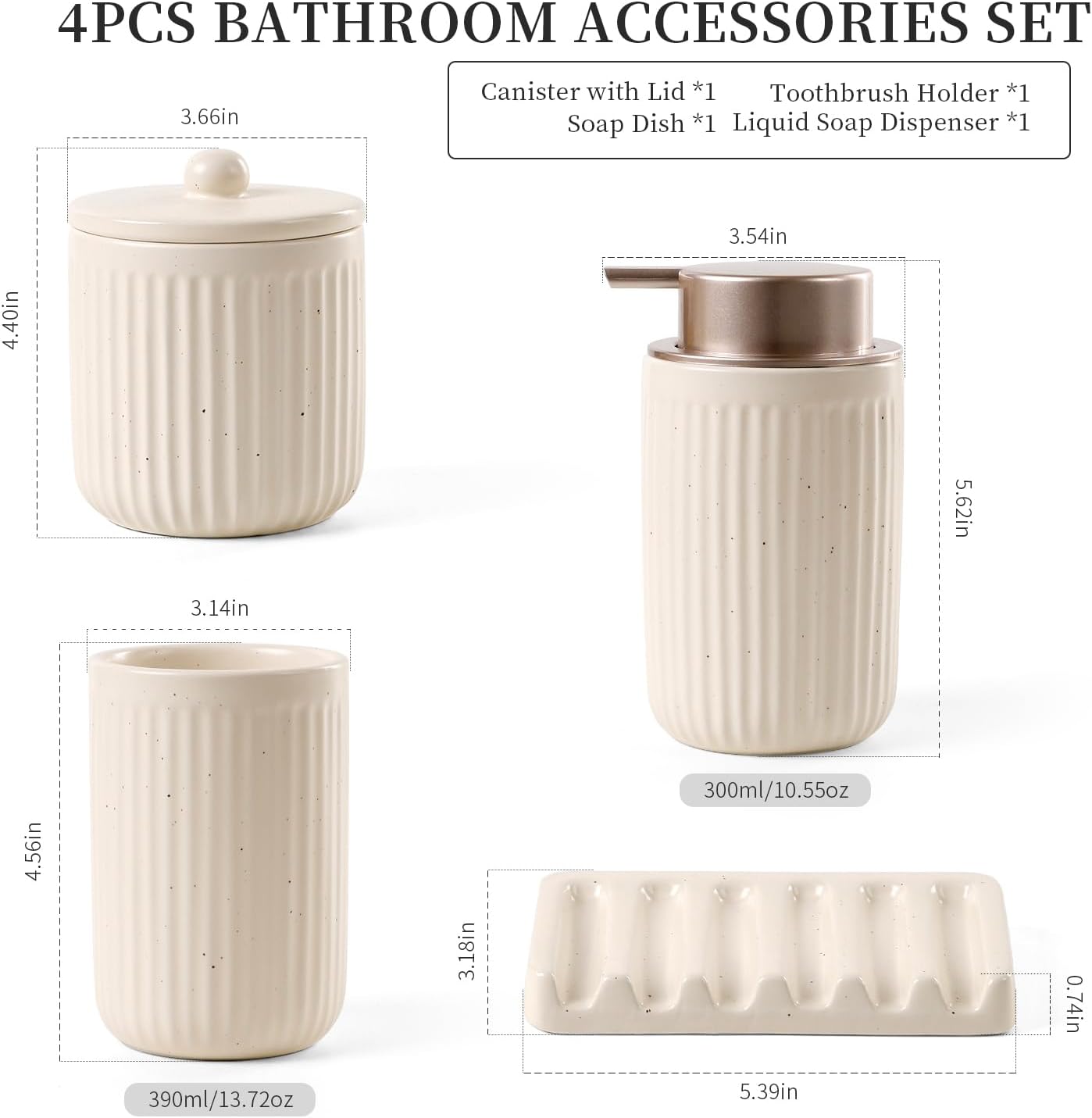 BosilunLife Bathroom Accessories Set - Ceramic Bathroom Set Bathroom Decor Sets Bathroom Counter Lotion Soap Dispenser and Toothbrush Holder Set, Soap Dish, Apothecary Jar (Striped Apricot)