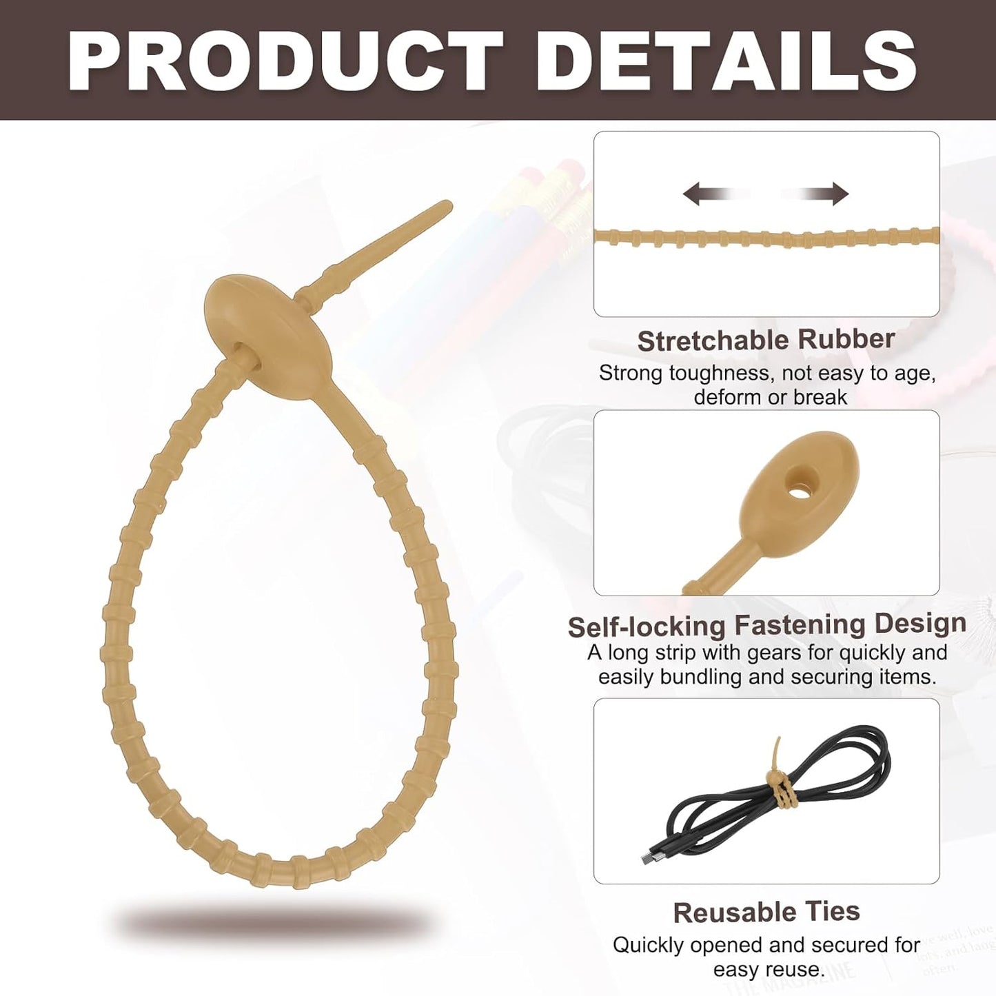 uxcell 20 Pcs Silicone Ties Bag Clip, 8.5 Inch Multi Purpose Silicone Zip Ties Reusable Rubber Zip Tie, Cable Strap Cord Organizer for Home Office Food Bag Wires Cables, Light Brown