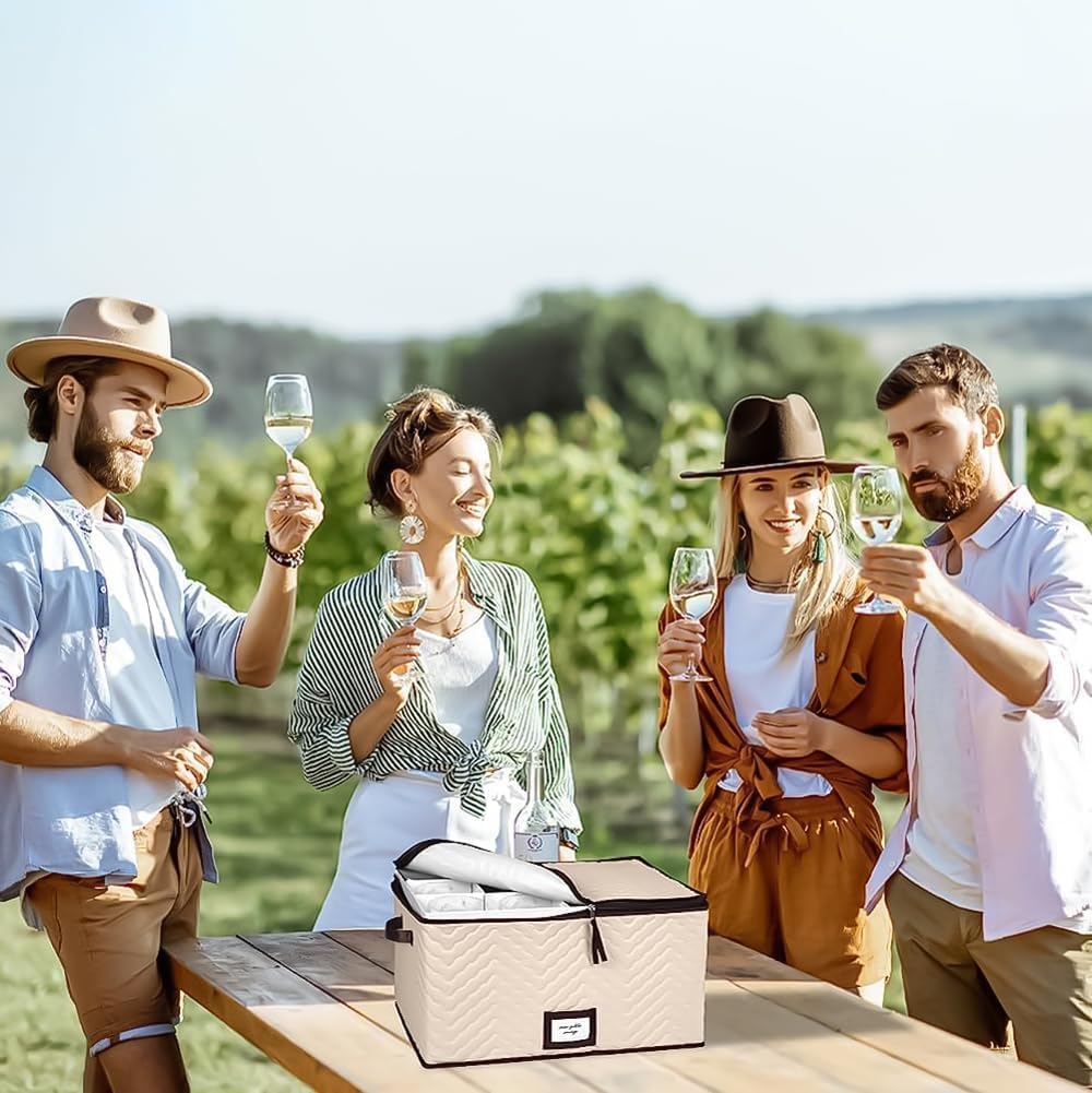 Wine Glass Storage Box with Dividers - Stemware Storage Case, Durable Quilted Microfiber Bin with Carry Handles, Protects Fine China - Durable Quilted Microfiber Bin with Carry Handles (1 Pack, Champagne Flute)