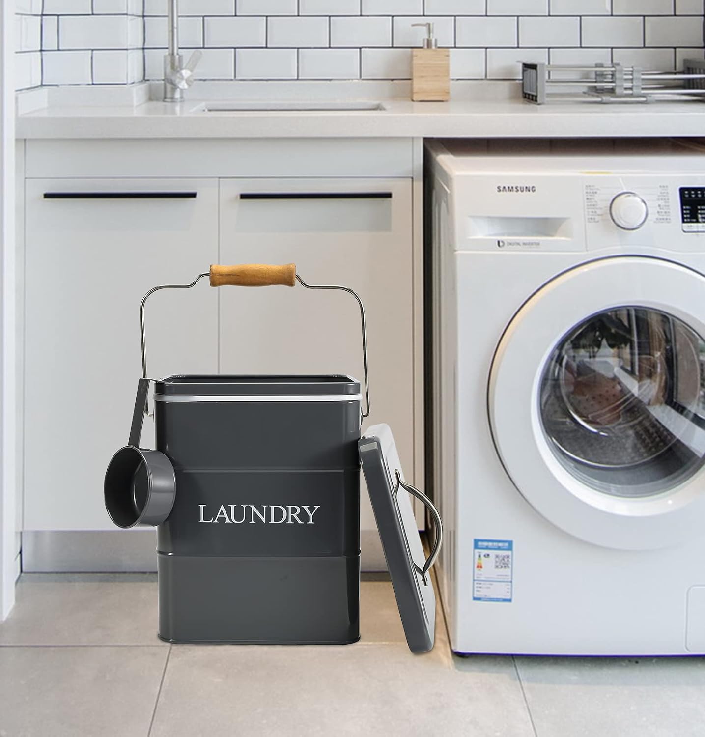 Laundry Powder Bin, Washing Powder Storage Tin with Scoop, Airtight Lid & Handles, Laundry Detergent Powder Storage Box - Perfect for Holding Pods Tablets Capsules Powder Detergent-Gray