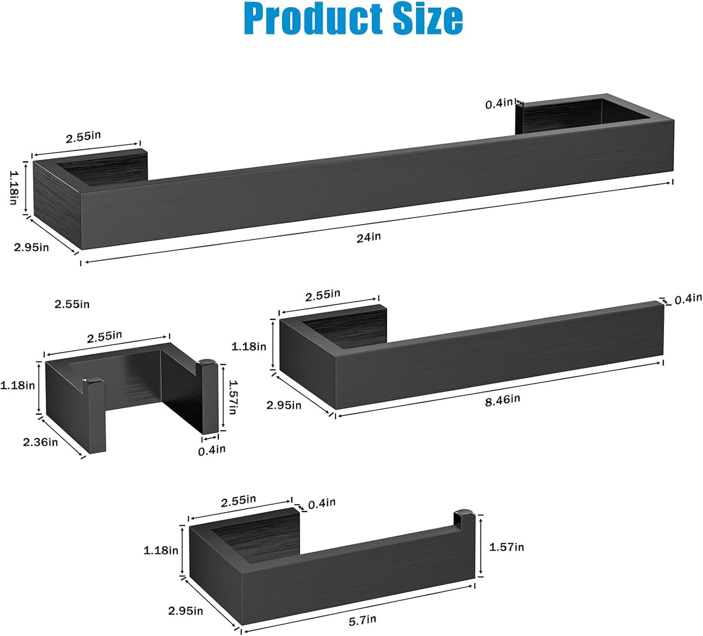 4 Pcs SUS304 Stainless Steel Bathroom Accessories Set, 24" Towel Bar, Towel Holder, Toilet Paper Holder, Robe Hook, Minimalist Design for All Styles Bathrooms (Brushed Black)