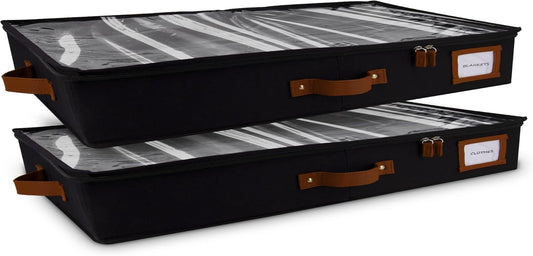 HOMELUX THEORY 2pc Low Profile Under Bed Storage Containers, Thin Under Couch Storage Organizer with Bins & Lids, Underbed Storage Box Ideal for Seasonal Clothes, Blankets, Fabric & Shoes (Black)