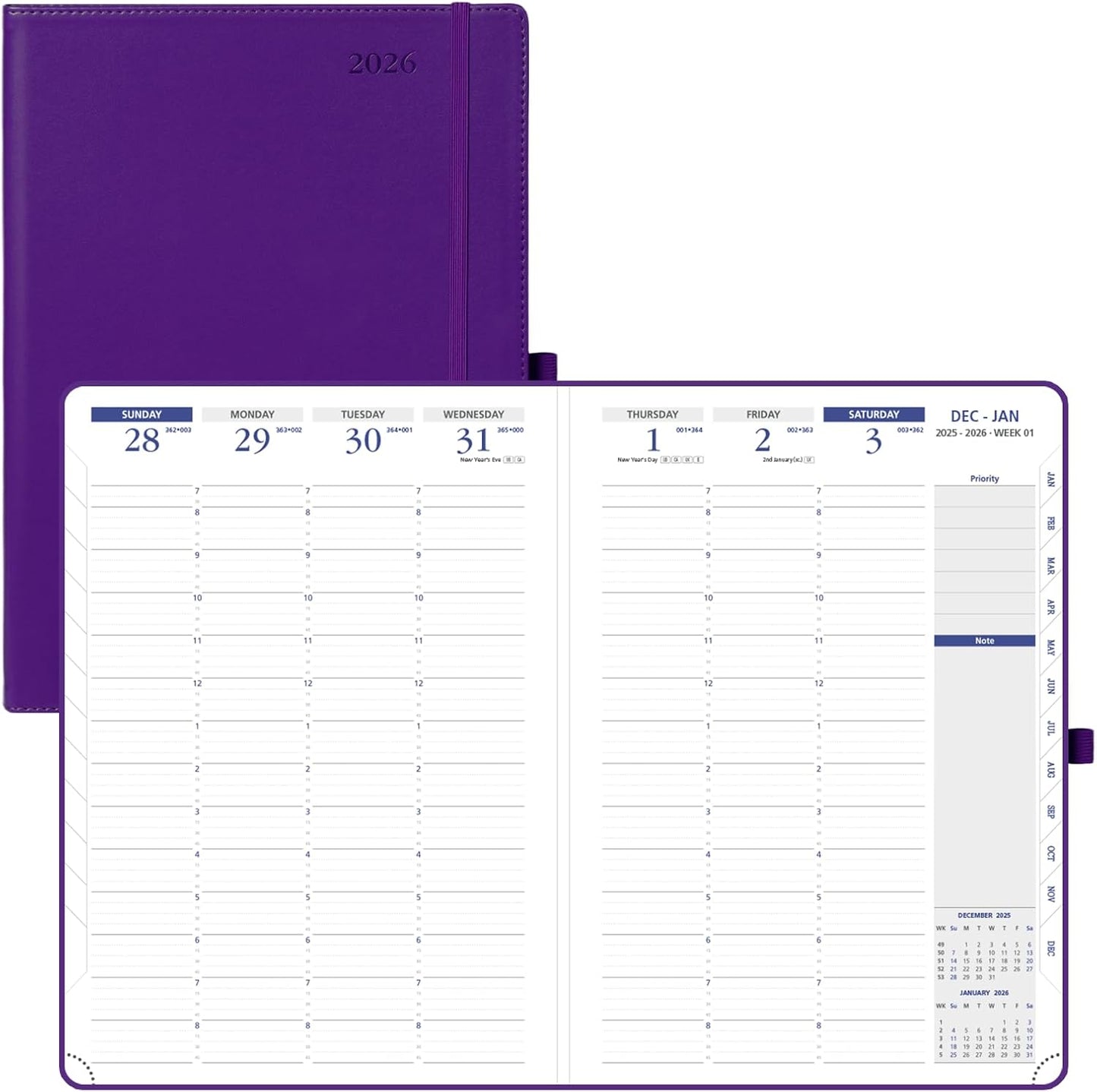 POPRUN 2026 Weekly Planner (A4 Size-8.25'' x 11.75''), 15-Minute Appointment Book (Jan 2026-Dec 2026) with Monthly Tabs, Inner Pockets, Pen Holder, PU Leather Softcover, 100GSM - Purple