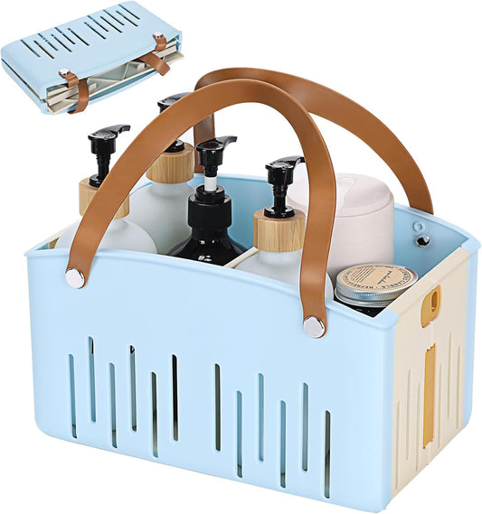 Portable Shower Caddy Collapsible Plastic Shower Basket Tote with Handles Removable Divider, Cleaning Caddy Storage Organizer for Bathroom College Dorm (Blue)
