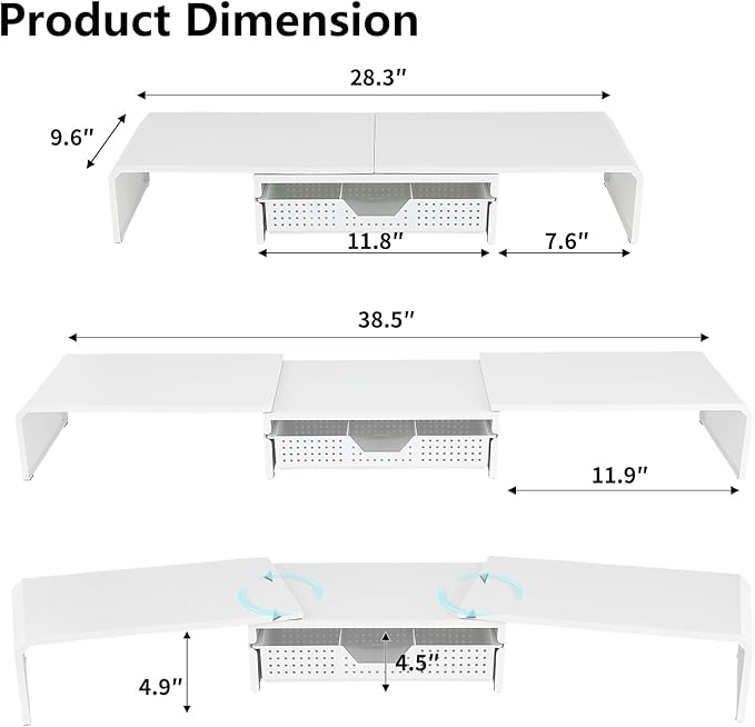Dual Monitor Stand Riser with Drawer, Desk Organizer and Accessories, Metal Laptop Stand for Desk, Workspace Desktop Stand for Computer, Laptop, TV and More (White)
