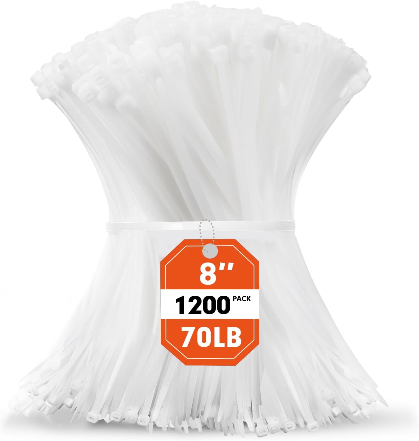 Zip Ties, RAZCC 1200pcs White Cable Zip Ties 8 Inch, Heavy Duty Plastic Wire Ties with 70lb Tensile Strength, Self-Locking White Nylon Tie Wraps for Indoor and Outdoor