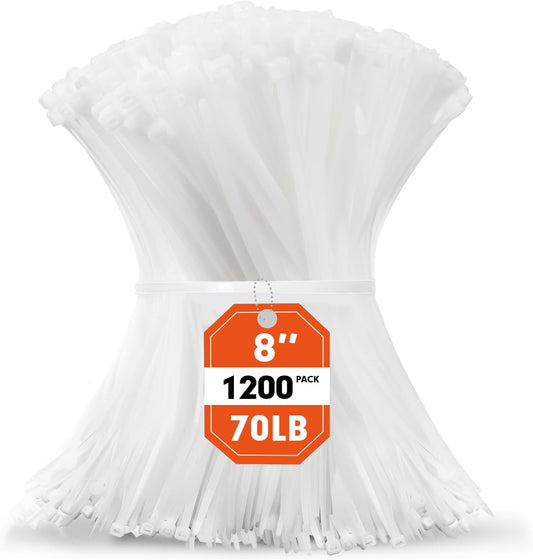 Zip Ties, RAZCC 1200pcs White Cable Zip Ties 8 Inch, Heavy Duty Plastic Wire Ties with 70lb Tensile Strength, Self-Locking White Nylon Tie Wraps for Indoor and Outdoor
