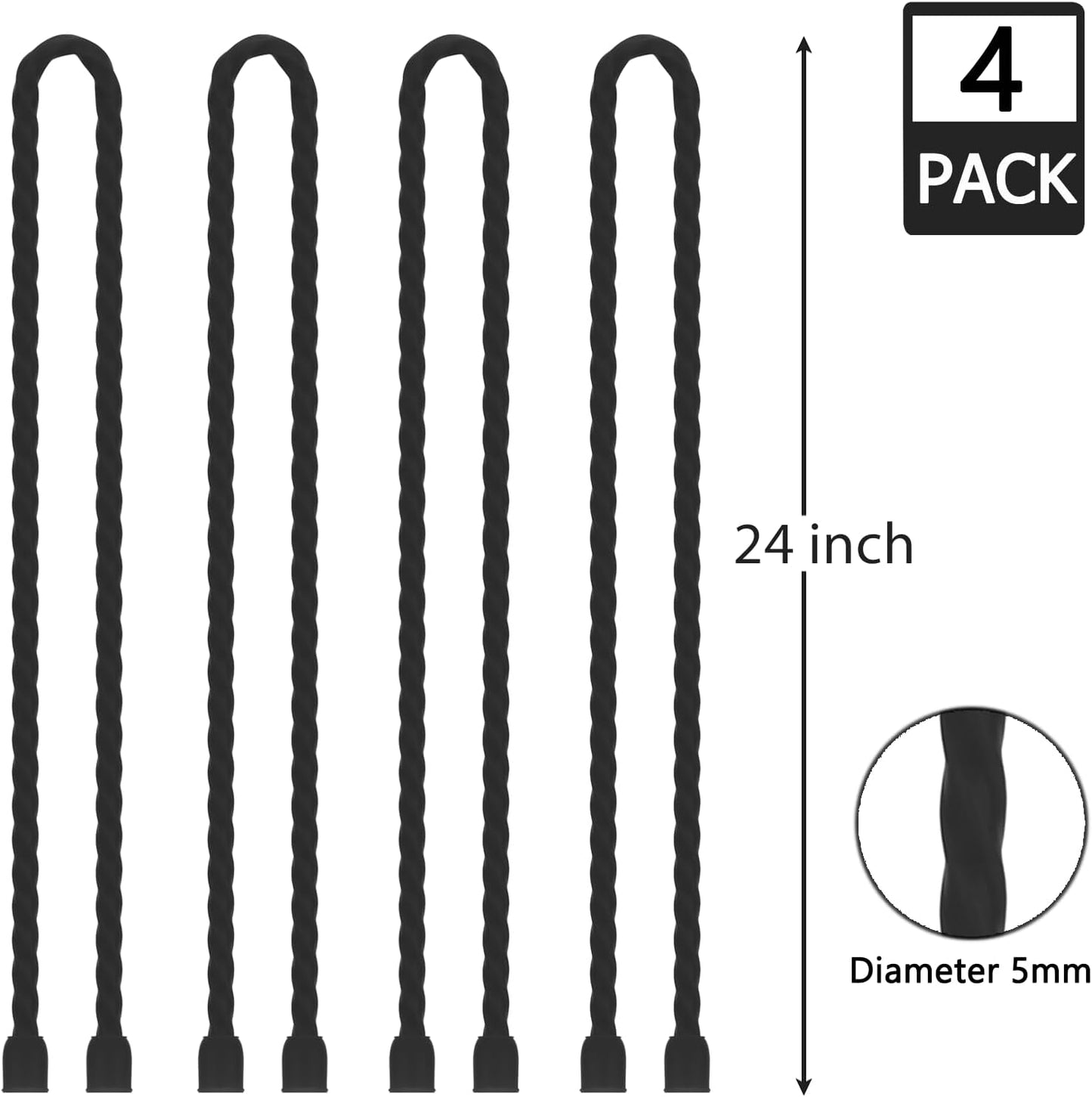 4PCS Silicone Cable Ties 24-Inch Reusable Twist Ties Steel-Core Cable Tie Straps Organizer All Purpose Bendable Cord Tie for Indoor Outdoor Bundling Holding Securing and Wrapping Cables (Black)