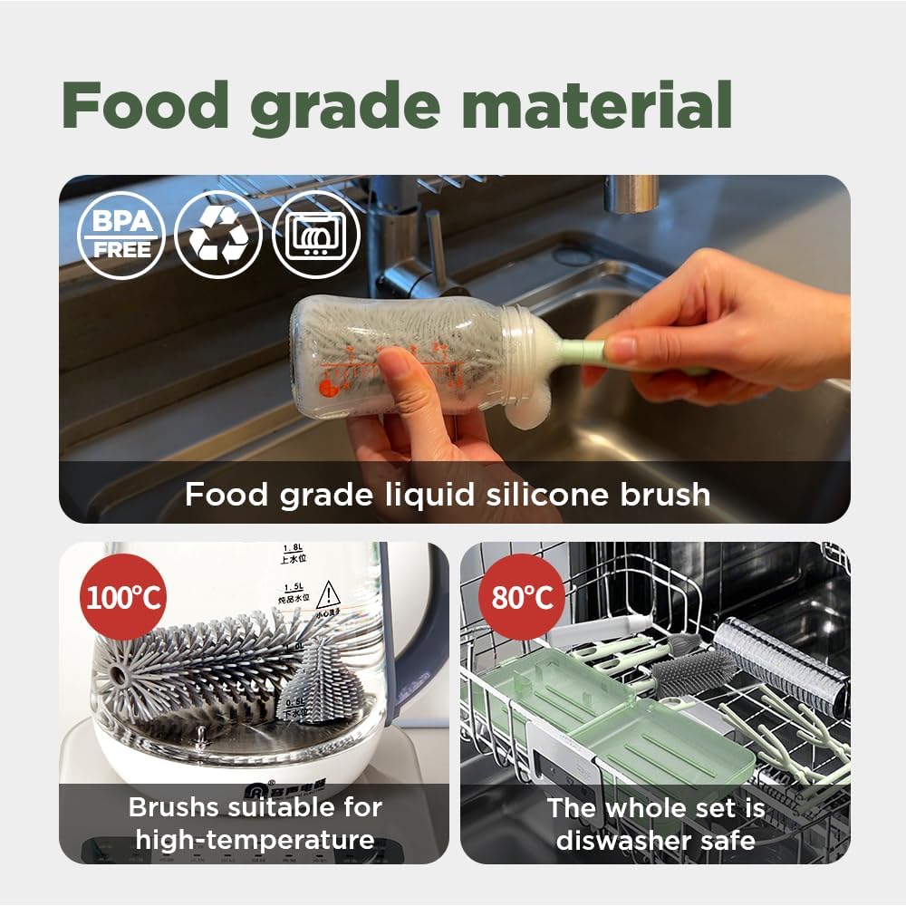 Travel Bottle Brush, Travel Bottle Cleaner Kit with Bottle Drying Rack, Transparent Green