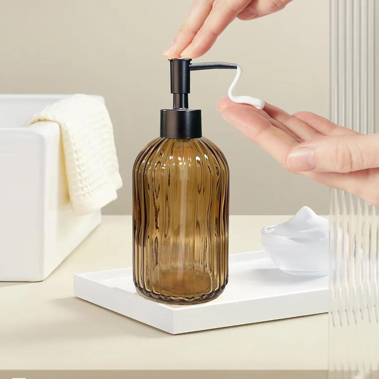 14Oz Black Pump Glass Soap Dispenser, Brown Stripe Countertop Refillable Liquid Bottle Hand Dish Lotion Dispenser with Plastic Pump, for Kitchen, Bathroom