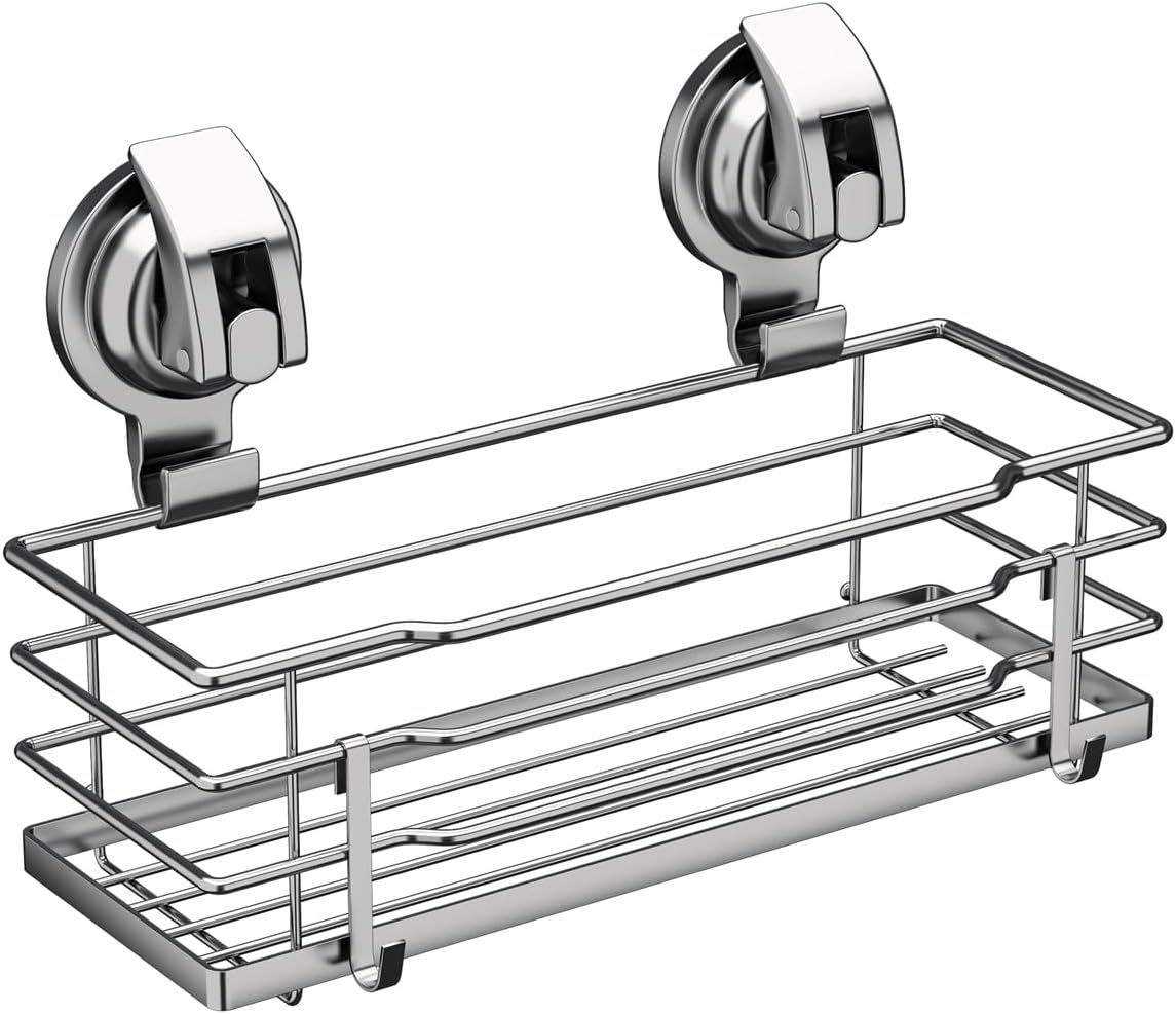 Suction Cup Shower Caddy, Shower Shelf Soap Dish with Hooks for Razor, Sponge, Rust Proof 304 Stainless Steel, Silver