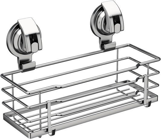 Suction Cup Shower Caddy, Shower Shelf Soap Dish with Hooks for Razor, Sponge, Rust Proof 304 Stainless Steel, Silver