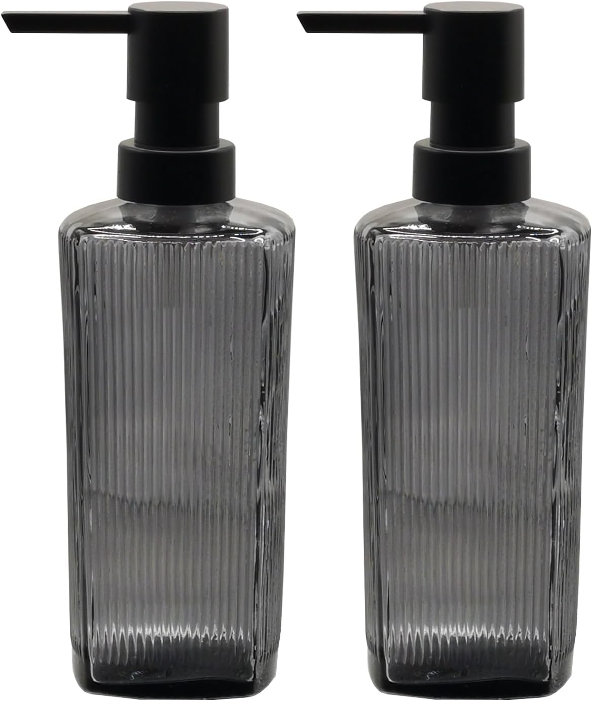 Gray Glass Soap Dispenser Set with Black Pump, 12oz Refillable Liquid Hand Dispenser, Lotion Dish Soap Dispenser for Modern Home Decor, Bathroom, Kitchen Countertop, Hotel(2 Pack)