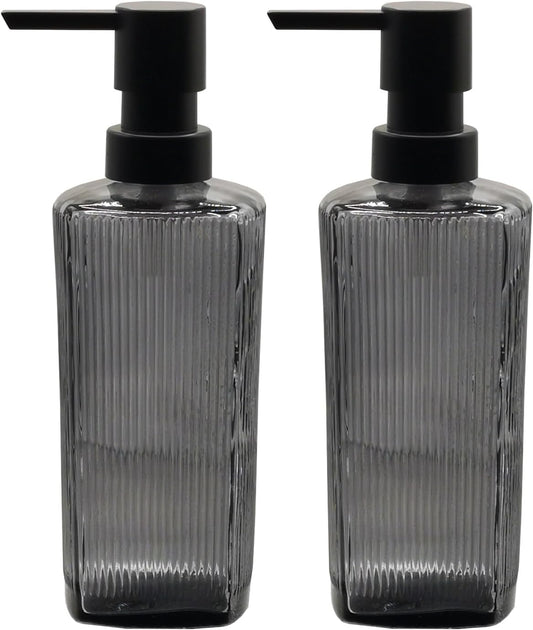 Gray Glass Soap Dispenser Set with Black Pump, 12oz Refillable Liquid Hand Dispenser, Lotion Dish Soap Dispenser for Modern Home Decor, Bathroom, Kitchen Countertop, Hotel(2 Pack)