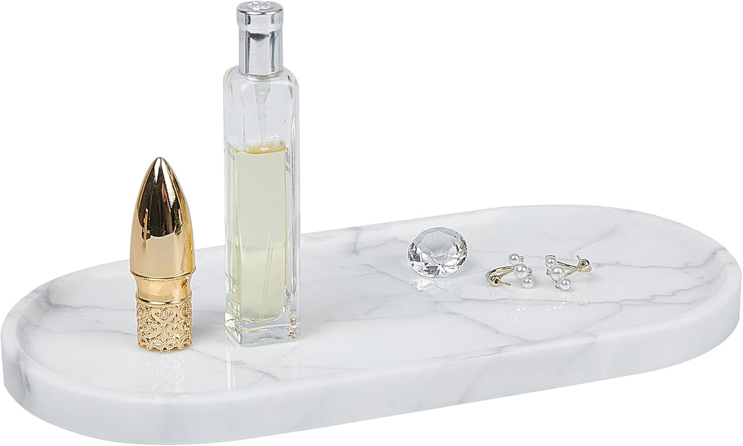 Natural Marble Tray 9.8”x4.7”x0.6” | Hand-Polished Oval Stone Tray for Bathroom Vanity & Jewelry Display – Durable, Unique Vein Patterns (Carrara White)