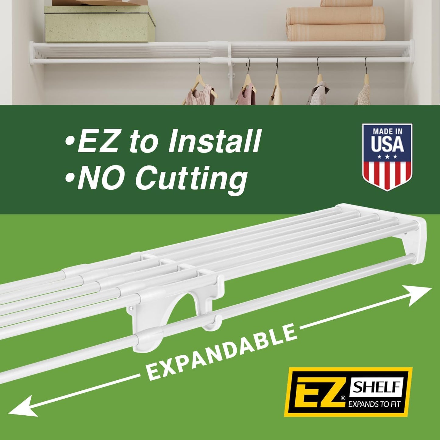 EZ SHELF - Closet Shelf with Hanging Rod - 29" to 49” Expandable, White, Closet Shelves - Strong, Holds 200 lbs - Easy Install - 1 Side Wall & Backwall with 1 End Bracket, Alternative to Wire Shelving