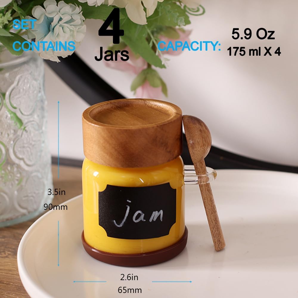 SAIOOL High Bprosilicate Glass 4 Pack Spice Jars with Label and Spoons,Overnight Oats Containers with Acacia Airtight Lids,Glass Food Storage Jars, Coffee Bar (Acacia 5.9 OZ*4)