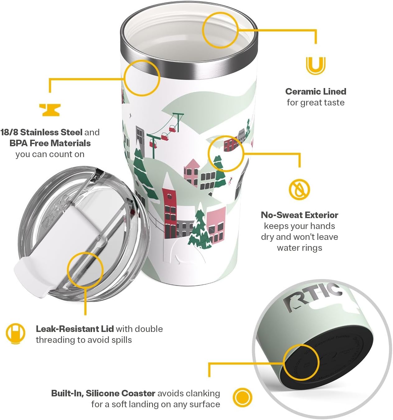 RTIC 20oz Essential Tumbler with Lid, Ceramic Lined, Insulated, Stainless Steel, Metal, Double Wall Vacuum-Insulation, Travel Cup for Iced Coffee, Tea, Hot and Cold Drink, Apres Ski