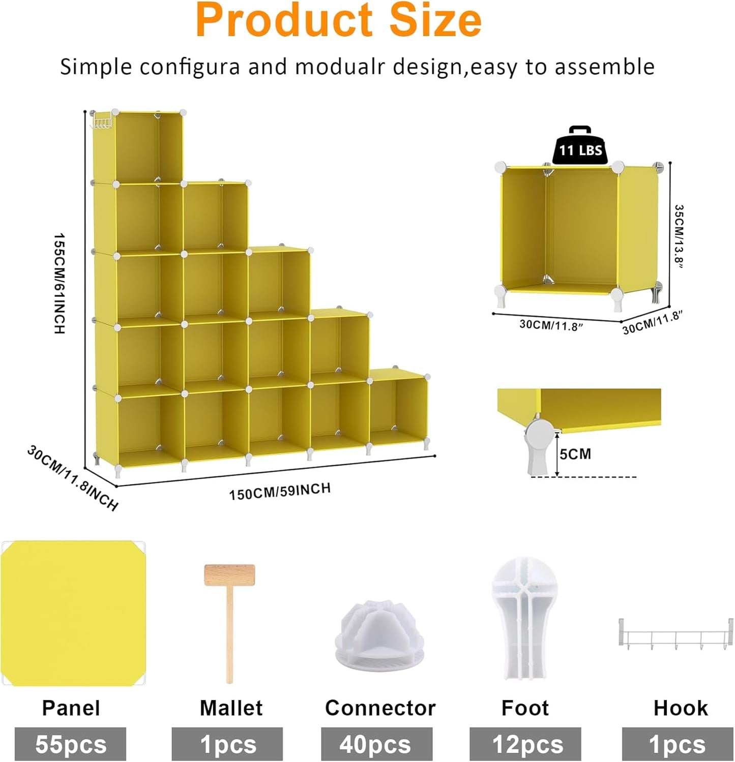 AWTATOS Cube Storage Organizer, Storage Cubes Shelves, 16 Cube Closet Organizers and Storage, DIY Stackable Bookshelf Plastic Clothes Organizer Shelving for Bedroom, Home, Yellow