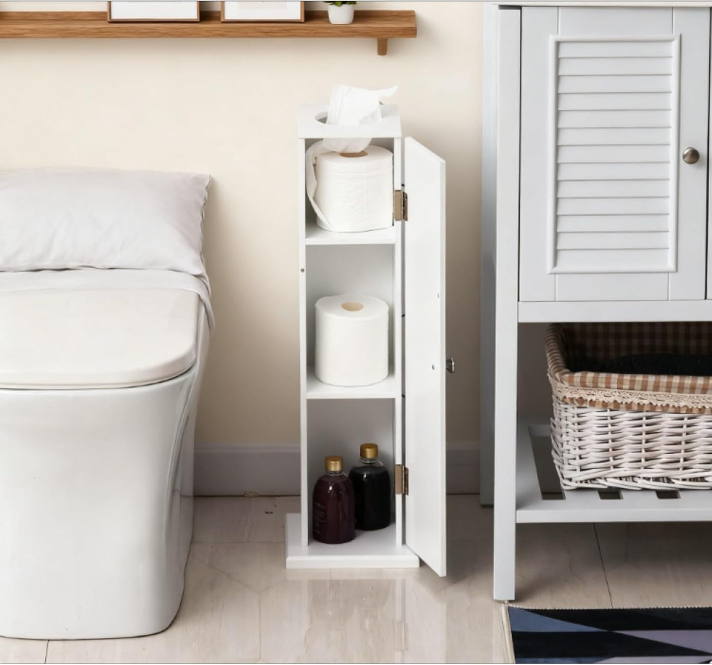 Modern Country Esthetic Small Toilet Paper Storage Containers for Bathroom, Kitchen, or Living Space, Convenient Space Saver Bathroom Corner Cabinet