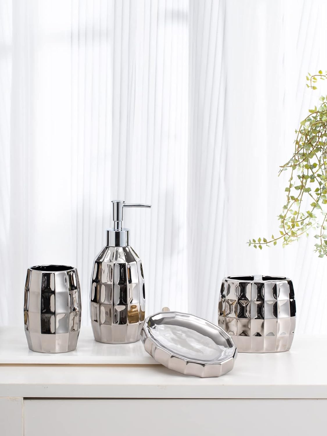 Silver Bathroom Accessory Set, Mosaic Ceramic Bathroom Accessories Set Include Lotion Dispenser, Toothbrush Holder Tumbler, and Soap Dish