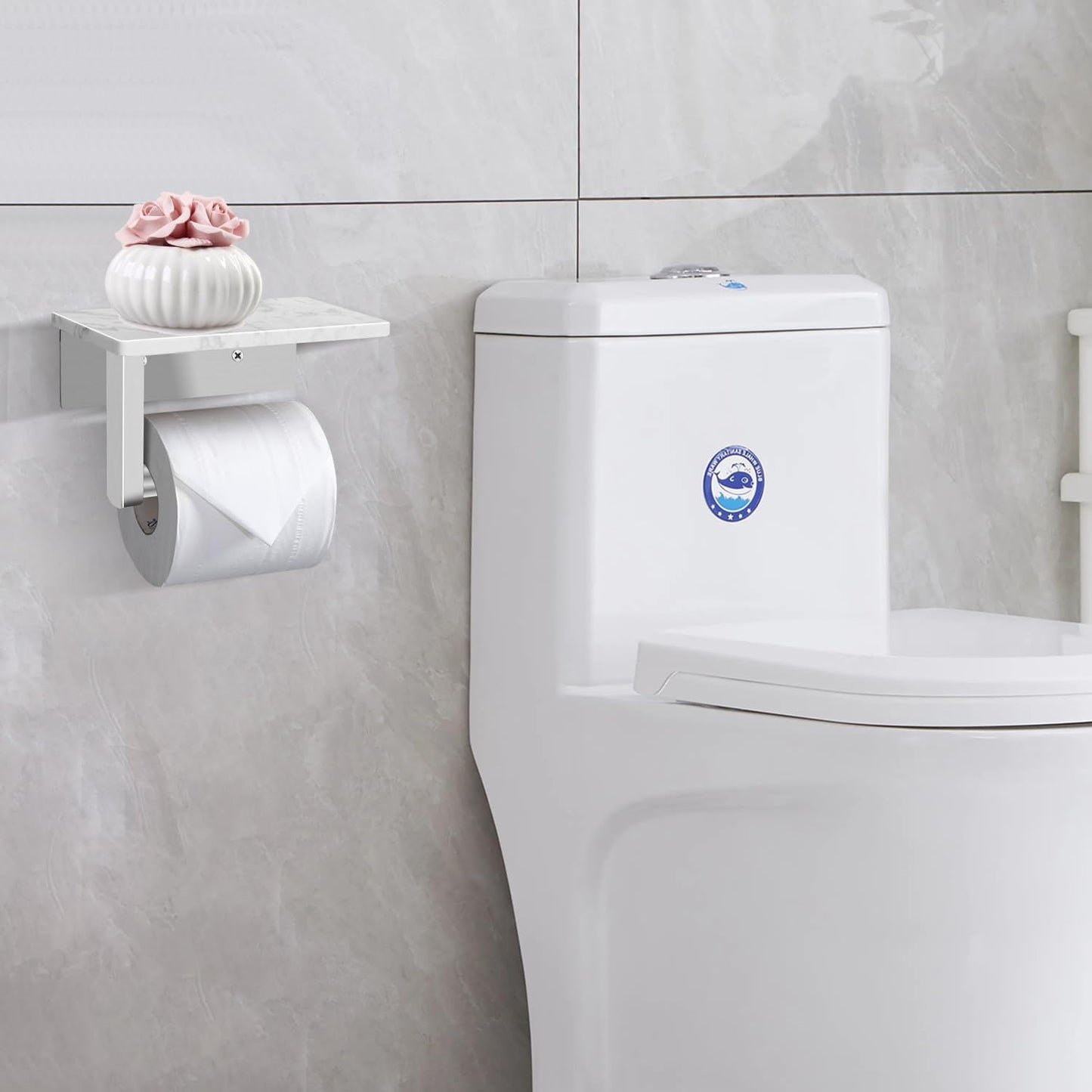 Toilet Paper Holder with Marble Shelf, SUS304 Stainless Steel Wall Mounted Toilet Paper Holder and 2 PCS Free Adhesive Hooks for Bathroom Washroom