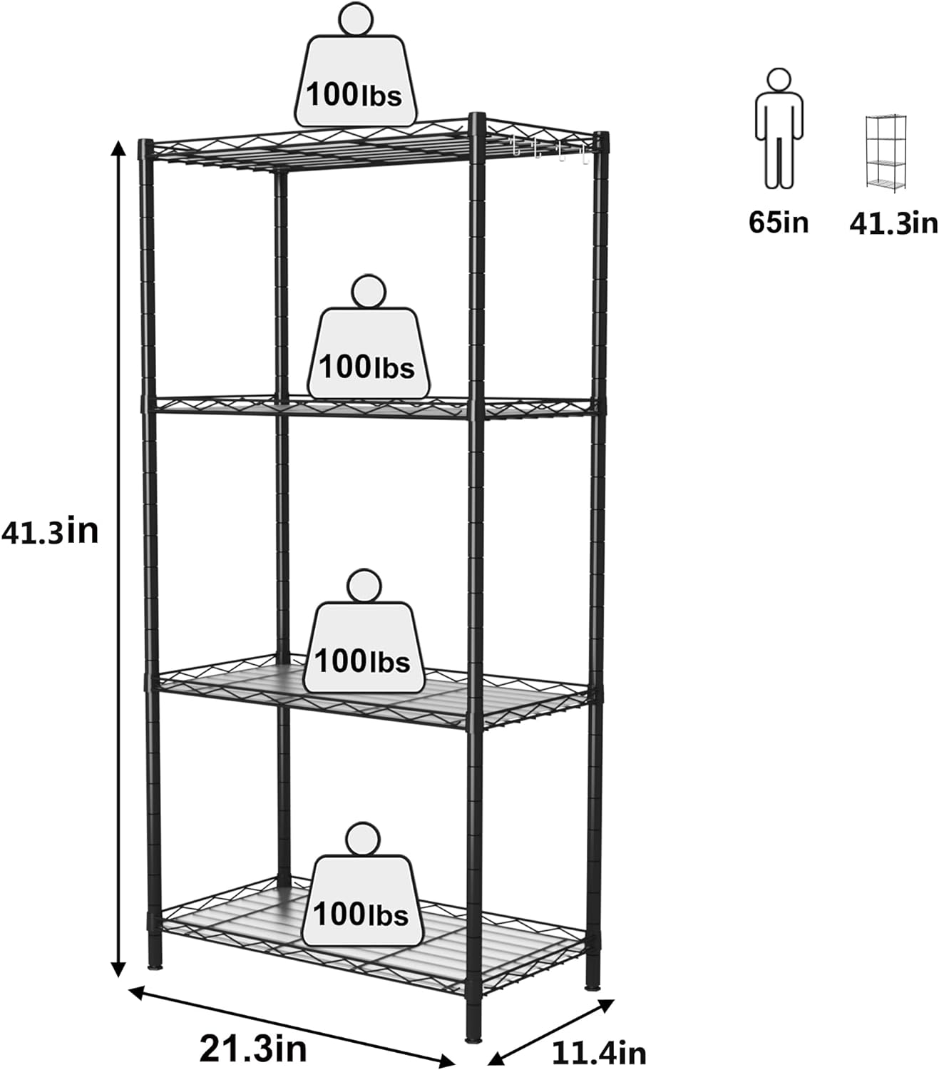 HOMEFORT 4-Shelving Unit, Adjustable Wire Shelving, Metal Wire Shelf Rack Organizer for Kitchen, Pantry, Closet, Bathroom, Laundry, Black,21" W x 11" D x 43" H