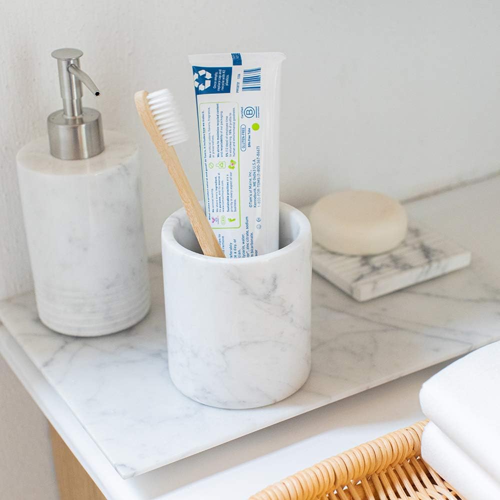 Natural Marble Pencil Pen Holder Stand for Desk, Makeup Brush Cup for Girls, Bathroom Tumbler Cup, Durable Office & Home Organizer Pencil Holder (White)