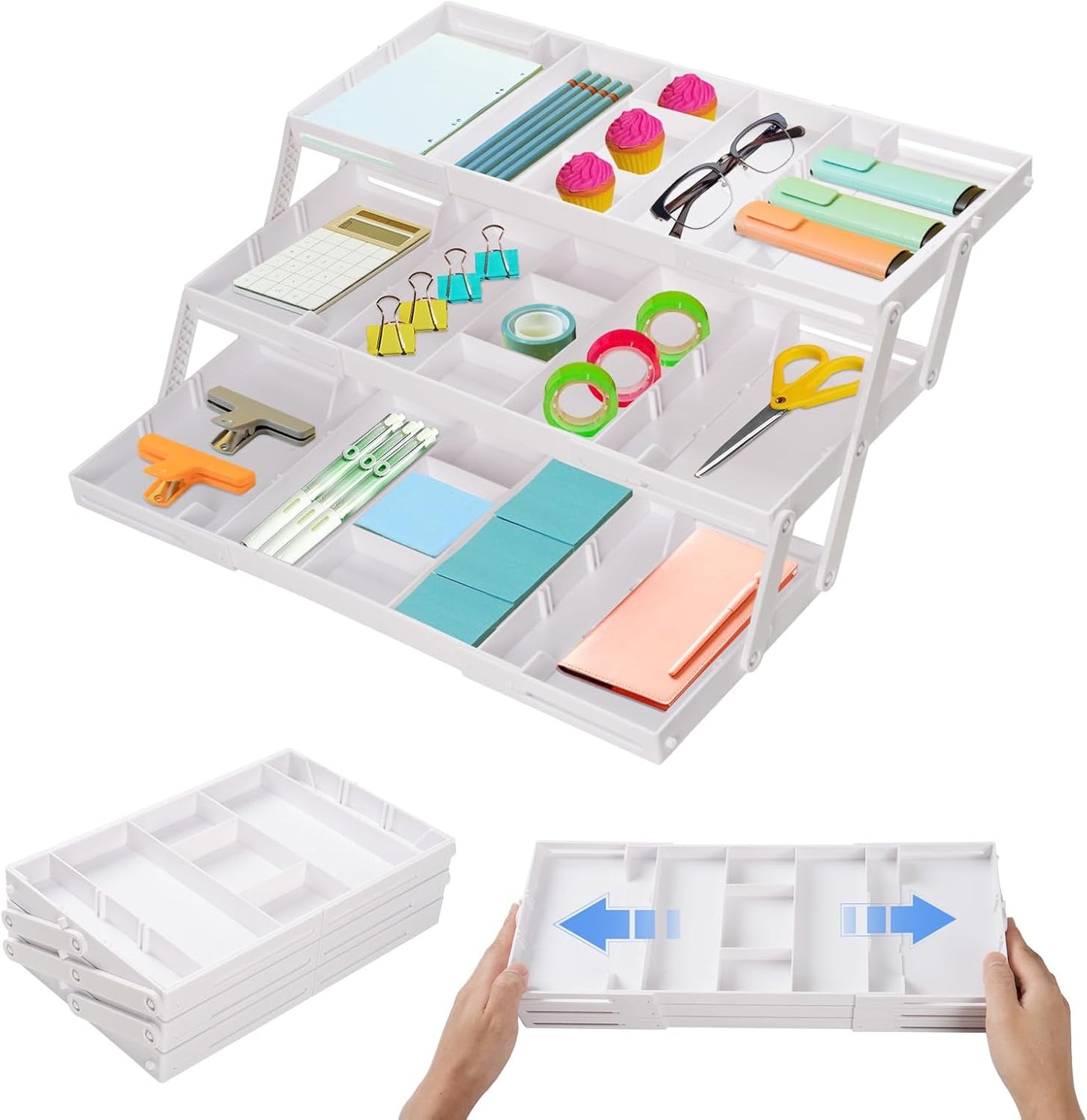 Smart Drawer Organizer Multi Level, Adjustable Folding Junk Drawer Organizer For Kitchen, Bathroom, Office, And Bedroom – Space-Saving Makeup Organizer (White)