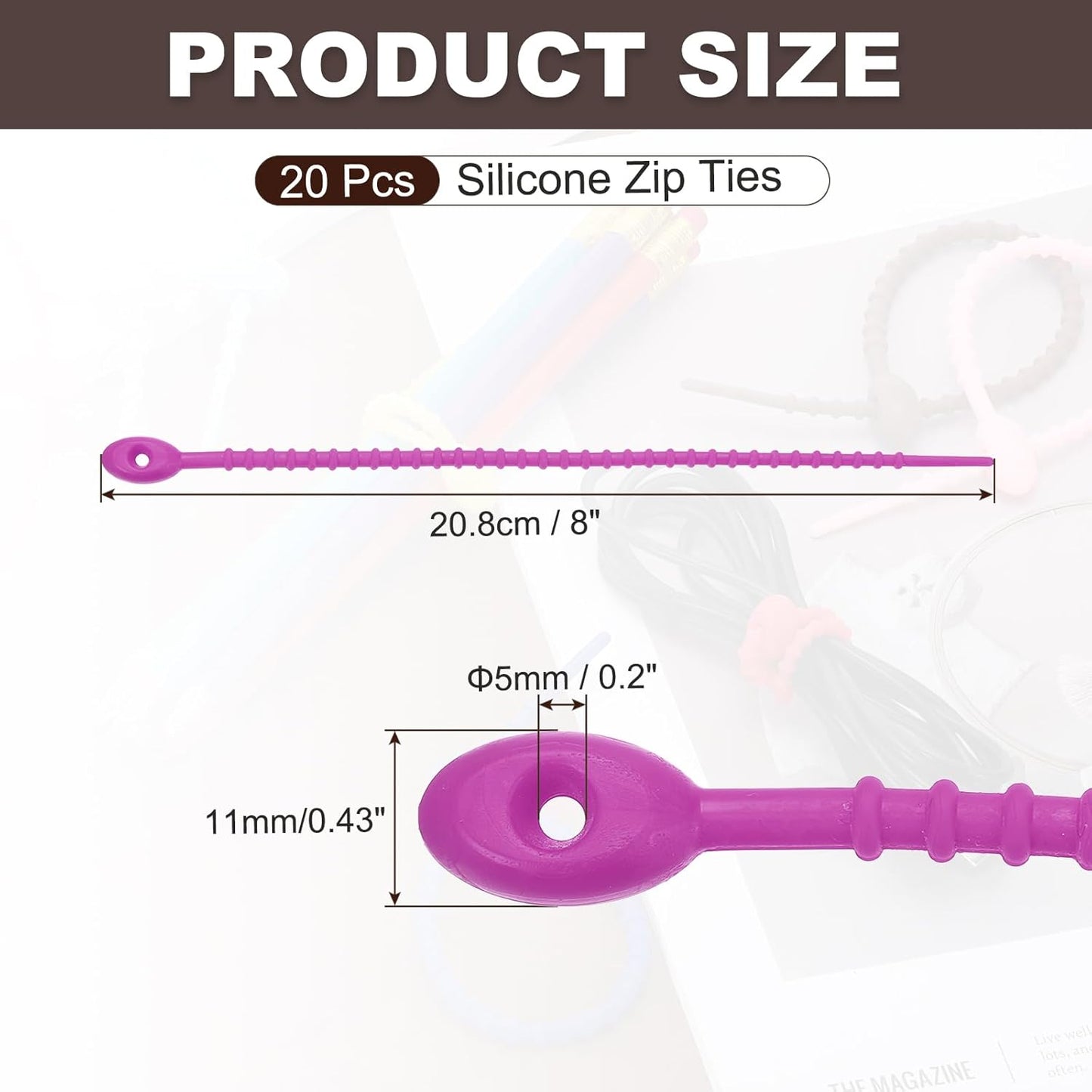 PATIKIL 8 Inch Silicone Cable Ties, 20pcs Rubber Reusable Twist Zip Ties Organizer for Home Office Kitchen Food bags Wires Adjustable Bag Clip, Violet