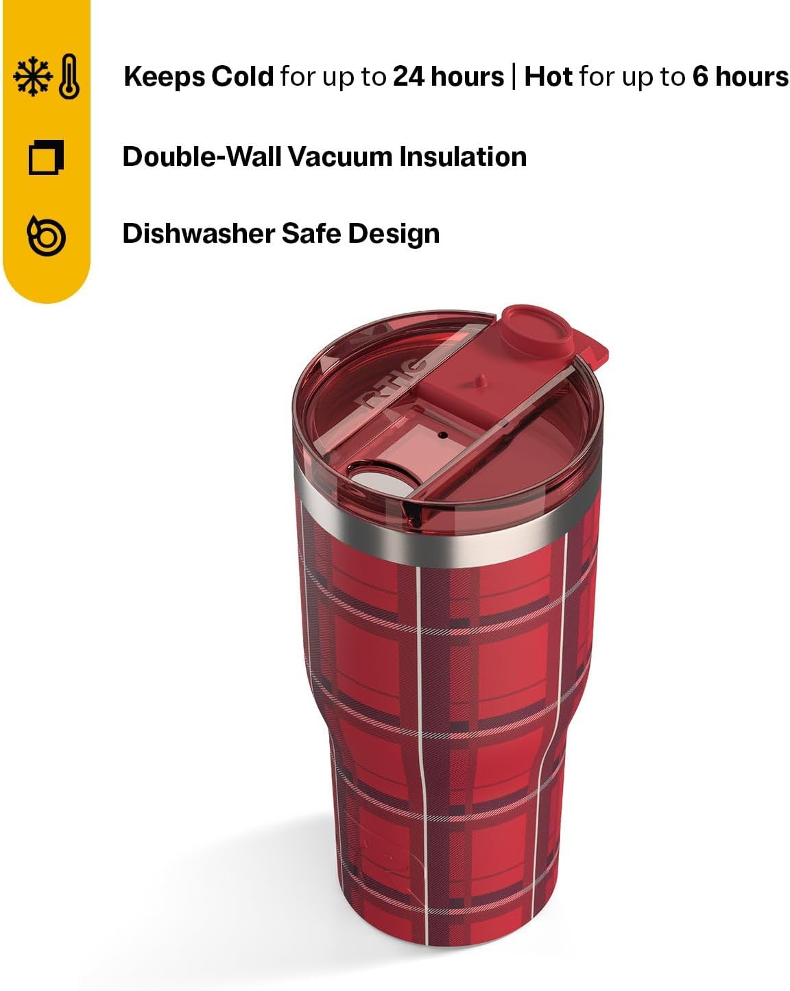 RTIC 30oz Essential Tumbler with Lid, Ceramic Lined, Insulated, Stainless Steel, Metal, Double Wall Vacuum-Insulation, Travel Cup for Iced Coffee, Tea, Hot and Cold Drink, Red Plaid