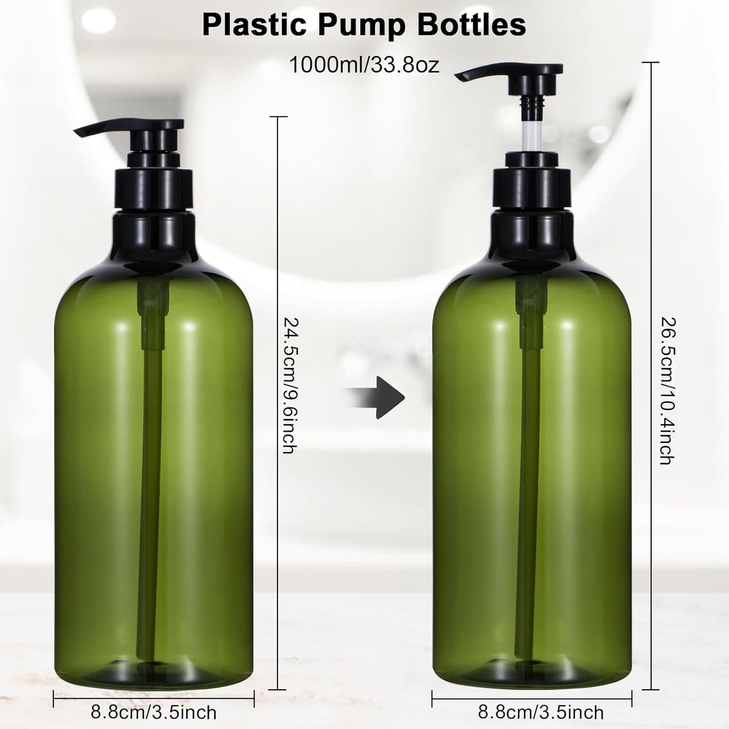 Yebeauty Pump Bottle Dispenser, 33.8oz 1000ml Refillable Shampoo Pump Bottles Empty Plastic Shower Soap Dispenser Large Liquid Containers for Conditioner Body Wash, Bathroom Kitchen, 2 Pack Green