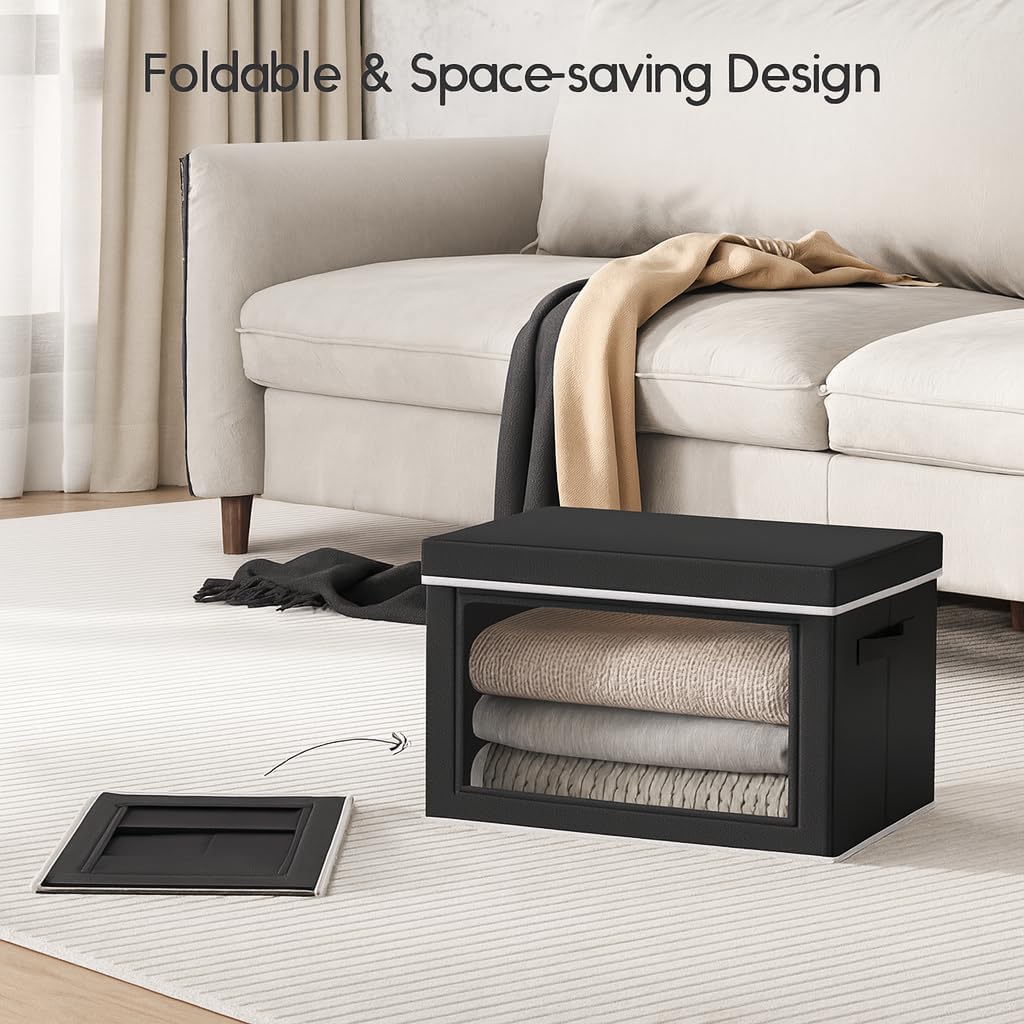 Collapsible Storage Bins with Lids - Stackable Storage Containers with Window, 3 Pack Fabric Bins for Closet, Home & Office Organization Baskets, Black, 14.9" x 9.8" x 9.8"