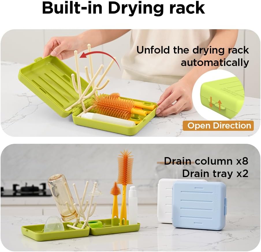 Travel Bottle Brush with Portable Bottle Drying Rack, Baby Bottle Brush for Baby Travel Essential, Green