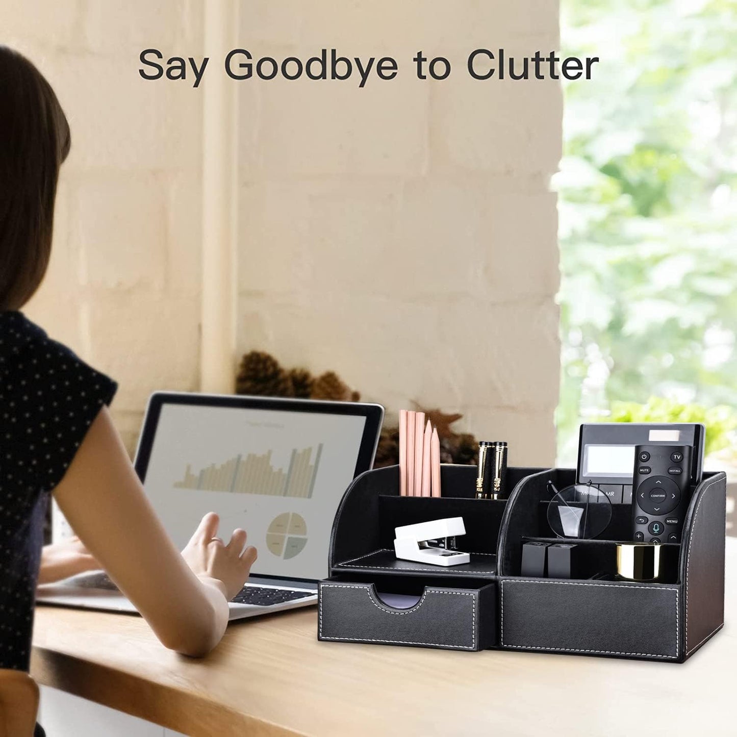 KINGFOM Pu Leather Desk Organizer Pen Pencil Holder Office Supplies Caddy Storage Box 6 Compartments with Drawer Black (Full Pu Leather)