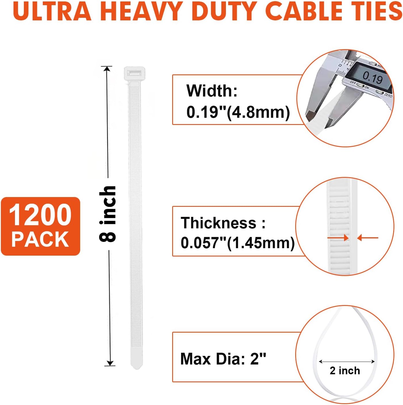 Zip Ties, RAZCC 1200pcs White Cable Zip Ties 8 Inch, Heavy Duty Plastic Wire Ties with 70lb Tensile Strength, Self-Locking White Nylon Tie Wraps for Indoor and Outdoor