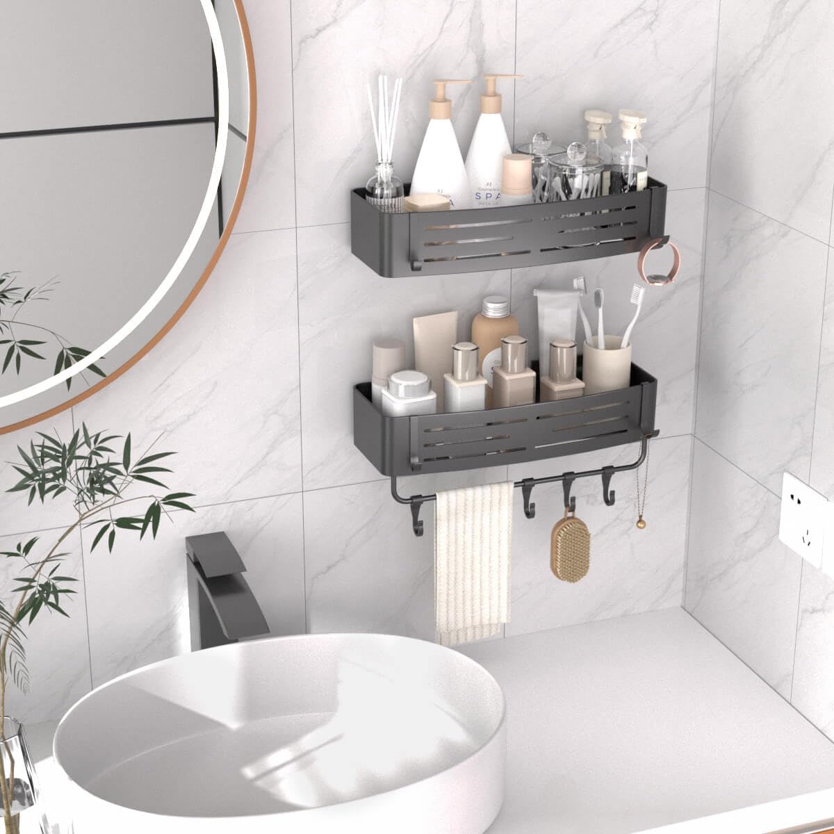 Onemake Shower Caddies Suction Cup, 2-Pack Removable Bathroom Shelf, Shower Organizer with Portable Hooks, Shower Caddy Corner Waterproof Holder with Towel Bar, Gray